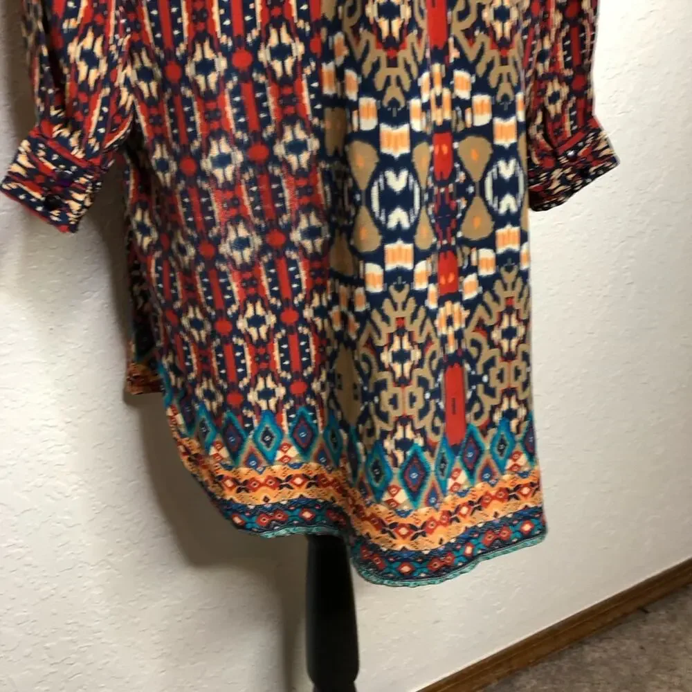Tolani red blue orange graphic print silk shift dress size Medium